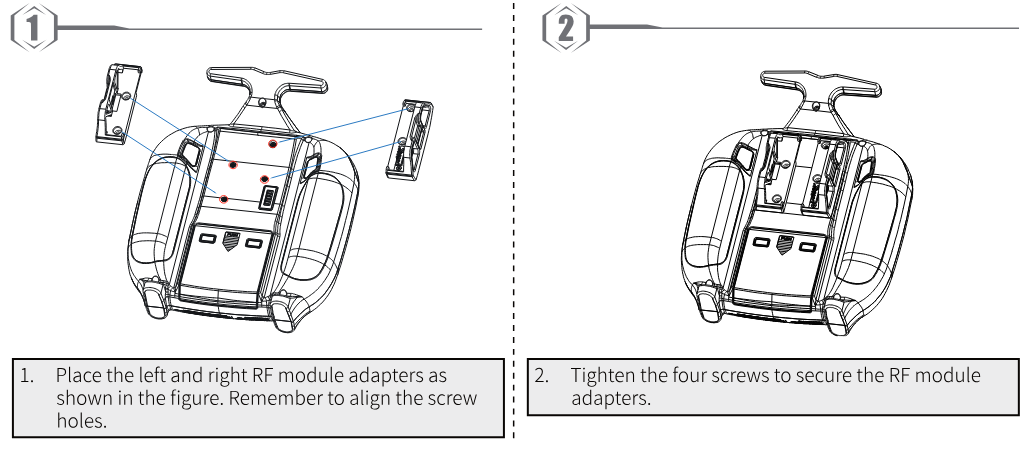 Steps 1 and 2: place the left and right RF module adapters on the back of the transmitter aligned with the screw holes, then tighten the four screws
