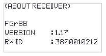 ABOUT RECEIVER screen with FGr8B, VERSION 1.17, RX ID 3800010212