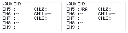 AUX CH screens listing CH5 to CH12, first all unassigned (--), then CH5 assigned to VRA