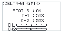 DELTA-WING MIX screen with STATUS ON, CH1 50%, CH2 50% and the CH1 and CH2 bars