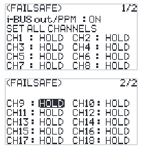 FAILSAFE pages with i-BUS out/PPM ON, SET ALL CHANNELS and CH1 to CH18 set to HOLD