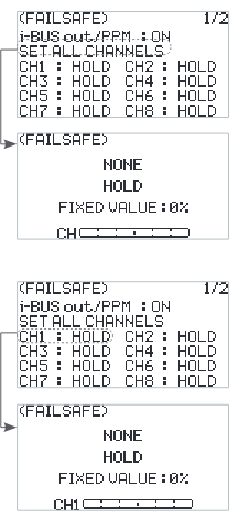 FAILSAFE screens with the NONE / HOLD / FIXED VALUE 0% selection for SET ALL CHANNELS and for CH1