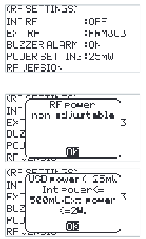 RF SETTINGS screen with INT RF OFF, EXT RF FRM303, BUZZER ALARM ON, POWER SETTING 25mW, RF VERSION, and the prompts "RF power non-adjustable" and "USB power <= 25mW, Int power <= 500mW, Ext power <= 2W"