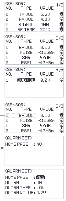 SENSOR pages with TX VOL, RX VOL, SIGNAL, RF TEMP 25°C, RF VOL, NOISE, SNR, RSSI and BVD VOL, and the ALARM SET screens with HOME PAGE NO / YES, ALARM ON, ALARM TYPE LOW, ALARM VALUE 4.2V
