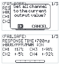 The "Set all channel to the current output value?" prompt with OK and CANCEL, and the FAILSAFE screen with i-BUS/PPM/PWM ON and the values of CH1 to CH4