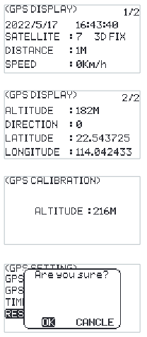 GPS DISPLAY pages with date and time, SATELLITE 7 3D FIX, DISTANCE, SPEED, ALTITUDE, DIRECTION, LATITUDE and LONGITUDE; the GPS CALIBRATION screen with ALTITUDE 216M; and the "Are you sure?" prompt for RESET START POINT
