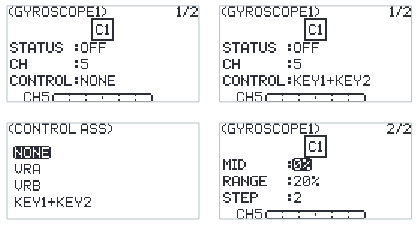 GYROSCOPE1 screens: STATUS OFF, CH 5, CONTROL NONE; CONTROL KEY1+KEY2; the CONTROL ASS list NONE, VRA, VRB, KEY1+KEY2; and page 2 with MID 0, RANGE 20%, STEP 2
