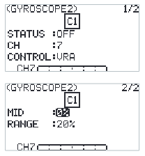 GYROSCOPE2 screens: STATUS OFF, CH 7, CONTROL VRA; page 2 with MID 0 and RANGE 20%