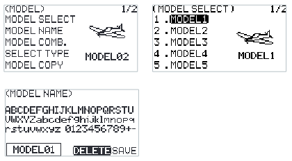 MODEL menu (MODEL SELECT, MODEL NAME, MODEL COMB., SELECT TYPE, MODEL COPY), MODEL SELECT list with MODEL1 to MODEL5, and the MODEL NAME editor with the character set, DELETE and SAVE