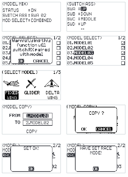 MODEL MIX screen (STATUS ON, SWITCH ASS SWA 02, MOD SELECT COMBINED), SWITCH ASS screen, MODEL SELECT list with check boxes and the warning "Using this function will switch RX paired with model", SELECT MODEL type icons (FIXED WING, GLIDER, DELTA WING), MODEL COPY screen with FROM, TO and COPY plus the COPY? prompt, and the SET OK! and HAVE SET RACE MODE! pop-ups