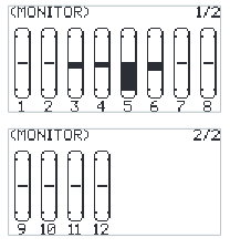 MONITOR screens with the output bars of channels 1 to 8 and 9 to 12