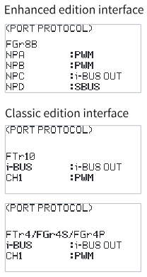 PORT PROTOCOL screens: enhanced edition FGr8B with NPA PWM, NPB PWM, NPC i-BUS OUT, NPD SBUS; classic edition FTr10 with i-BUS i-BUS OUT and CH1 PWM, and FTr4/FGr4S/FGr4P with i-BUS i-BUS OUT and CH1 PWM