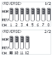 REVERSE screens with NOR/REV toggles for channels 1 to 8 and 9 to 12
