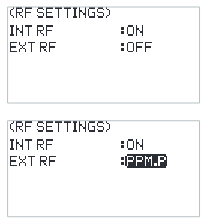 RF SETTINGS screens with INT RF ON and EXT RF OFF, then EXT RF PPM.P