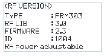 RF VERSION screen with TYPE FRM303, RF LIB 3.0, FIRMWARE 2.3, ID 1004, RF power adjustable
