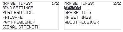 The two RX SETTINGS pages with the FRM303: BIND SETTINGS, PORT PROTOCOL, FAILSAFE, PWM FREQUENCY, SIGNAL STRENGTH; SENSOR, GPS SETTING, RF SETTINGS, ABOUT RECEIVER