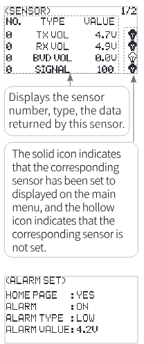 SENSOR screen listing NO., TYPE and VALUE (TX VOL 4.7V, RX VOL 4.9V, BVD VOL 0.0V, SIGNAL 100) — it displays the sensor number, type and the data returned by this sensor; a solid icon means the sensor is shown on the main menu, a hollow icon that it is not — and the ALARM SET screen with HOME PAGE YES, ALARM ON, ALARM TYPE LOW, ALARM VALUE 4.2V