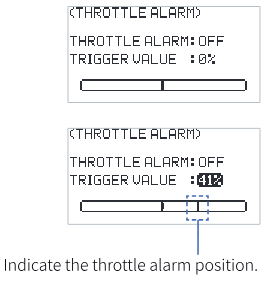 THROTTLE ALARM screens with THROTTLE ALARM OFF and TRIGGER VALUE 0% and 41%; the marker on the bar indicates the throttle alarm position