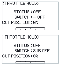 THROTTLE HOLD screens: STATUS OFF, SWITCH -- OFF, CUT POSITION 0%; then SWITCH SWB OFF