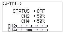 V-TAIL screen with STATUS OFF, CH2 50%, CH4 50% and the CH2 and CH4 bars
