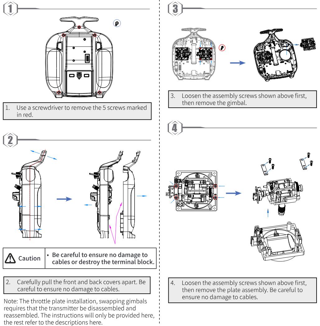 Steps 1 to 4: remove the 5 screws marked in red on the back cover; carefully pull the front and back covers apart; loosen the assembly screws and remove the gimbal; loosen the assembly screws and remove the plate assembly