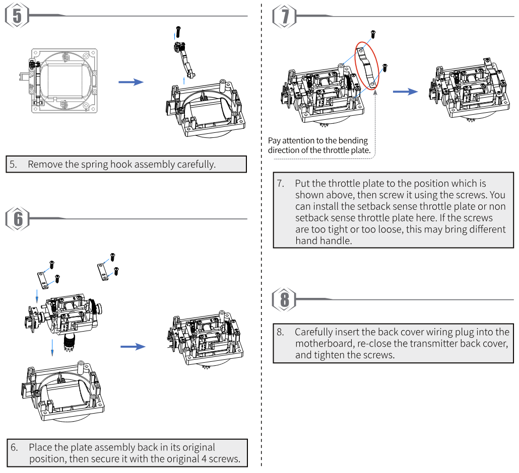 Steps 5 to 8: remove the spring hook assembly; place the plate assembly back and secure it with the 4 screws; screw on the throttle plate, paying attention to its bending direction; plug the back cover wiring into the motherboard and close the transmitter
