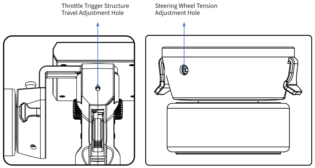 The throttle trigger structure travel adjustment hole under the handle and the steering wheel tension adjustment hole on the wheel unit