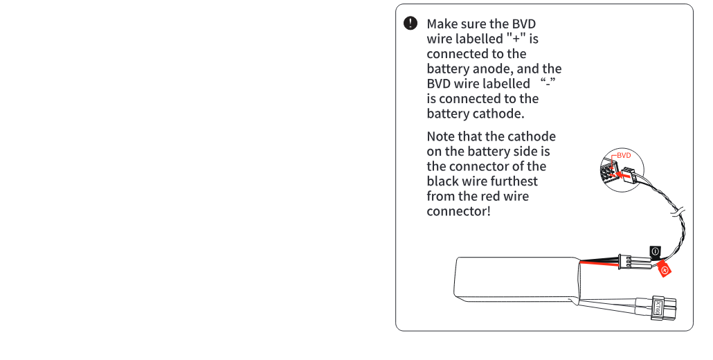 The BVD cable on the battery: make sure the BVD wire labelled "+" is connected to the battery anode, and the BVD wire labelled "−" to the battery cathode. Note that the cathode on the battery side is the connector of the black wire furthest from the red wire connector