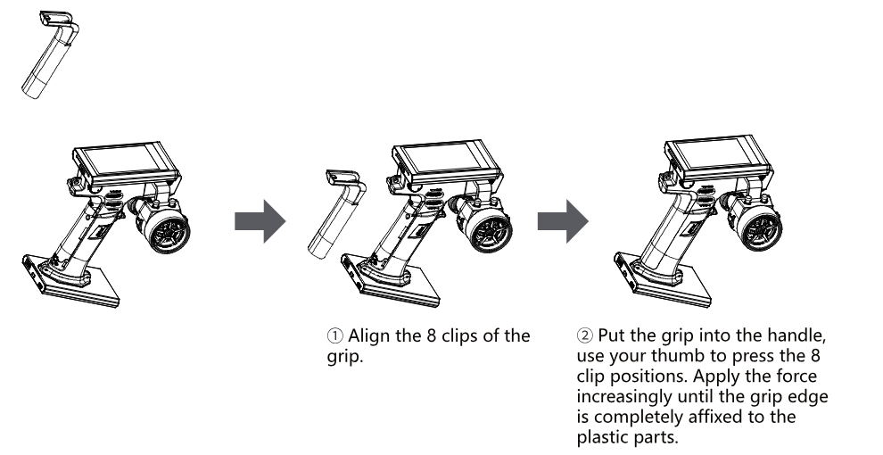 Assembling the grip: ① align the 8 clips of the grip, ② put the grip into the handle and use your thumb to press the 8 clip positions until the grip edge is completely affixed to the plastic parts