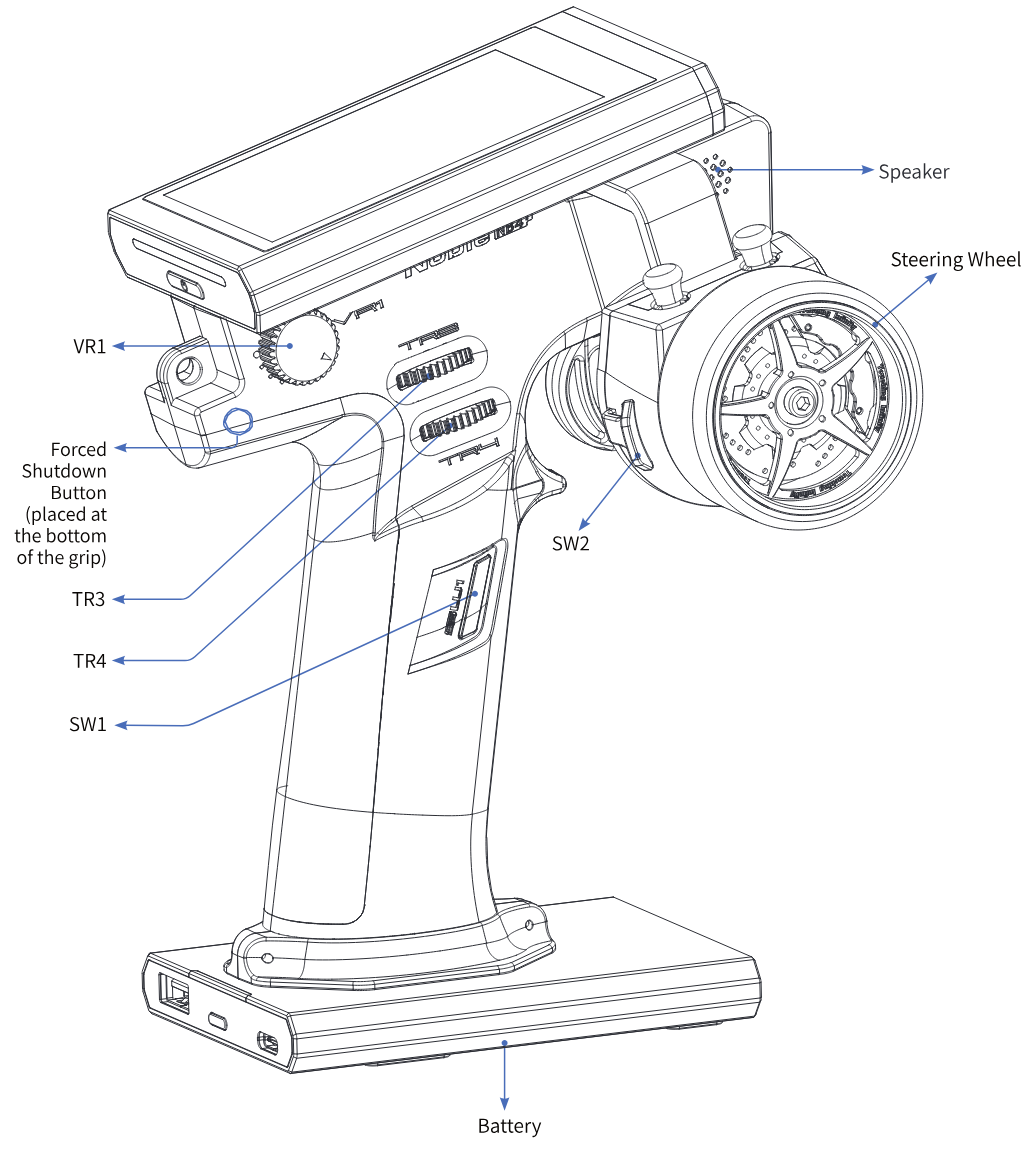 Front view of the Noble NB4+ with speaker, steering wheel, VR1, SW2, TR3, TR4, SW1, the forced shutdown button (at the bottom of the grip) and the battery base labelled