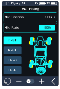 4WS Mixing screen with Mix Channel CH3, Mix Rate 100%, the steering type buttons F-ST, R-ST, FR-S and FR-R and the car diagram