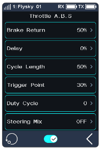 Throttle A.B.S. screen with Brake Return 50%, Delay 0%, Cycle Length 50%, Trigger Point 30%, Duty Cycle 0 and Steering Mix OFF