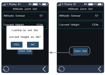 Altitude Zero Set screens with Altitude Sensor 57, Current Height 131m / 132m, the Zero Set button and the "Confirm to set the current height as 0m?" prompt