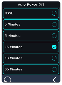 Auto Power Off list NONE, 3 Minutes, 5 Minutes, 15 Minutes (selected), 20 Minutes, 30 Minutes