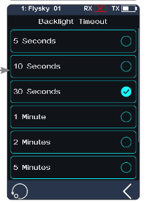 Backlight Timeout list 5 Seconds, 10 Seconds, 30 Seconds (selected), 1 Minute, 2 Minutes, 5 Minutes