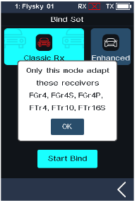 Bind Set screen with Classic Rx selected, the note "Only this mode adapts these receivers: FGr4, FGr4S, FGr4P, FTr4, FTr10, FTr16S" and the Start Bind button