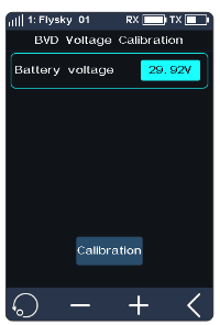 BVD Voltage Calibration screen with Battery voltage 20.00V and the Calibration button