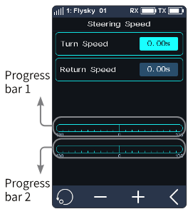 Steering Speed screen with Turn Speed 0.00s, Return Speed 0.00s and two progress bars: bar 1 shows the channel output speed after the delay, bar 2 the actual speed before the delay takes effect