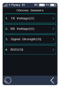 Choose Sensors screen with 1. TX Voltage[0], 2. RX Voltage[0], 3. Signal Strength[0], 4. RSSI[0]