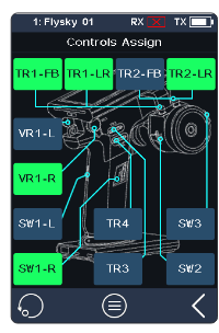 Controls Assign screen showing the transmitter with the controls TR1-FB, TR1-LR, TR2-FB, TR2-LR, VR1-L, VR1-R, SW1-L, SW1-R, TR3, TR4, SW2 and SW3