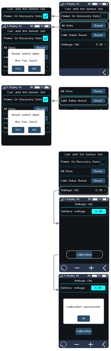 Curr and Vol Sensor Set screens with Power On Recovery Data check box, All Data Reset, Limit Value Reset and Voltage CAL 0.0V, the "Reset select data. Are You Sure?" prompts, and the Voltage CAL screen with Battery voltage 8.4V, the Calibration button and the "Calibration successful!" pop-up