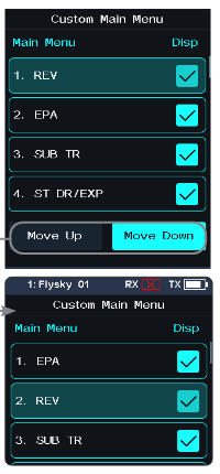 Custom Main Menu screens listing REV, EPA, SUB TR, ST DR/EXP with check boxes and the Move Up / Move Down buttons, then with EPA moved above REV