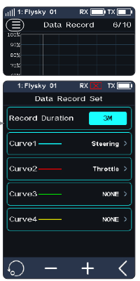 Data Record screen (0/10) and the Data Record Set screen with Record Duration 3M, Curve1 Steering, Curve2 Throttle, Curve3 NONE, Curve4 NONE