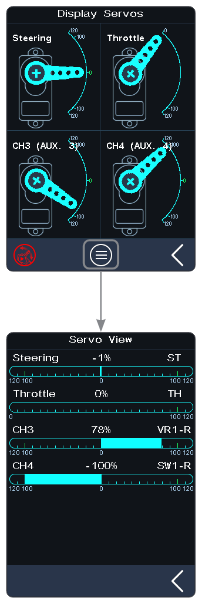 Display Servos screen with the servo dials of Steering, Throttle, CH3 (AUX. 3) and CH4 (AUX. 4), and the Servo View list with Steering -1% ST, Throttle 0% TH, CH3 78% VR1-R, CH4 -100% SW1-R