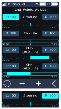 End Points Adjust screen with L/R 100 for Steering, B/F 100 for Throttle and L/H 100 for CH3 and CH4, plus the − and + buttons