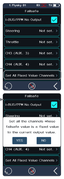 Failsafe screen with Set All Fixed Value Channels selected and the prompt "Set all the channels whose failsafe value is a fixed value to the current output value." with YES and NO
