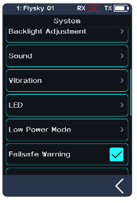 System screen with Backlight Adjustment, Sound, Vibration, LED, Low Power Mode and Failsafe Warning checked