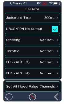 Failsafe screen with Judgment Time 300ms, i-BUS/PPM No Output checked, Steering, Throttle, CH3 (AUX. 3) and CH4 (AUX. 4) Not set., Set All Fixed Value Channels and the test icon