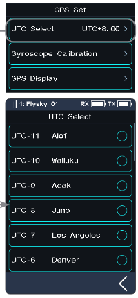 GPS Set screen with UTC Select UTC+8:00, Gyroscope Calibration and GPS Display, and the UTC Select list (UTC-11 Alofi, UTC-10 Wailuku, UTC-9 Adak, UTC-8 Juno, UTC-7 Los Angeles, UTC-6 Denver, …)