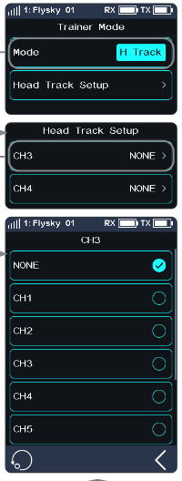 Trainer Mode screen with Mode H Track and Head Track Setup, the Head Track Setup screen with CH3 NONE and CH4 NONE, and the CH3 list NONE, CH1, CH2, CH3, CH4, CH5